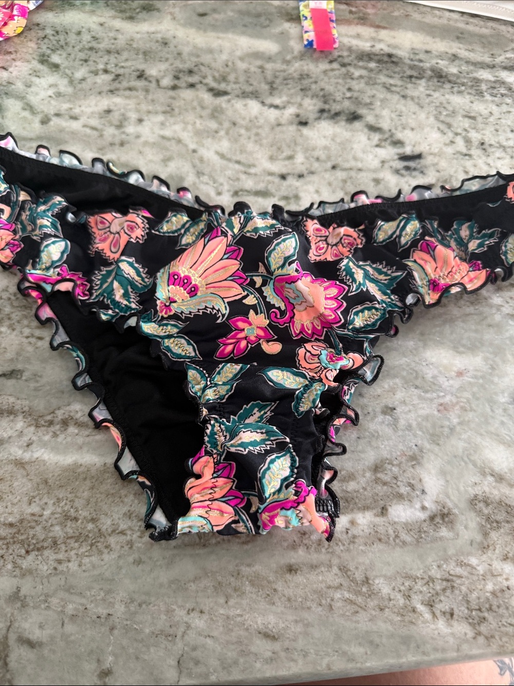 Floral Ruffle Bikini Bottoms - Black with Pink & Teal Flowers
